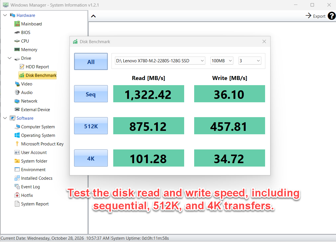 Disk Benchmark with sequential, 512K, and 4K read and write speeds in MB/s