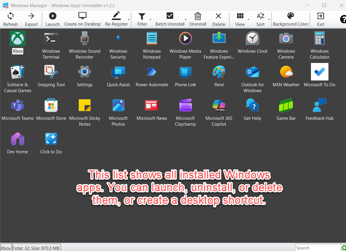 Windows Apps Uninstaller listing installed Windows apps such as Xbox, Terminal, Photos, and Calculator