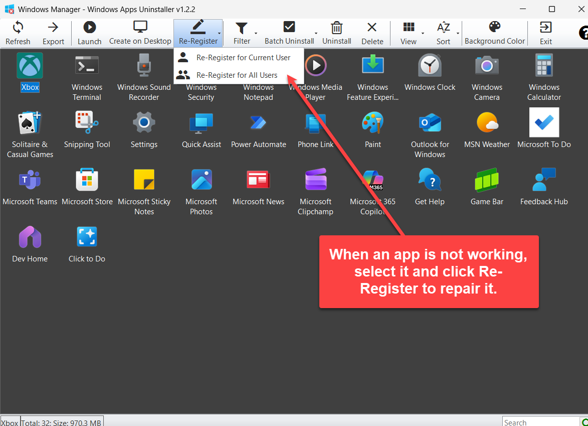 Re-Register menu with Re-Register for Current User and Re-Register for All Users