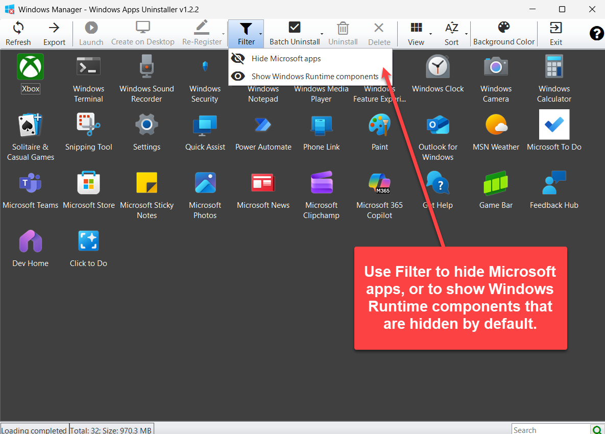 Filter menu with Hide Microsoft apps and Show Windows Runtime components