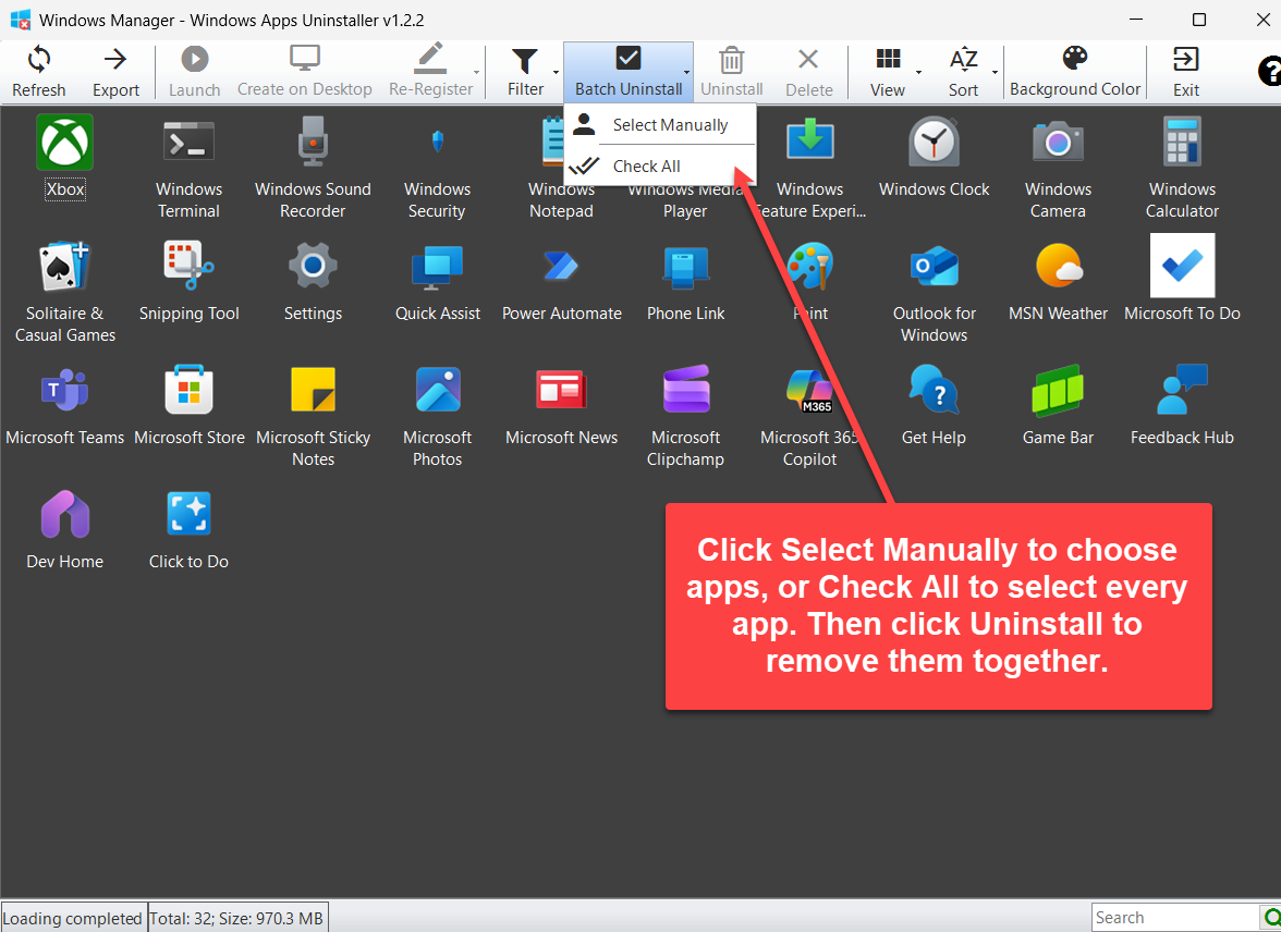 Batch Uninstall menu with Select Manually and Check All for removing several Windows apps