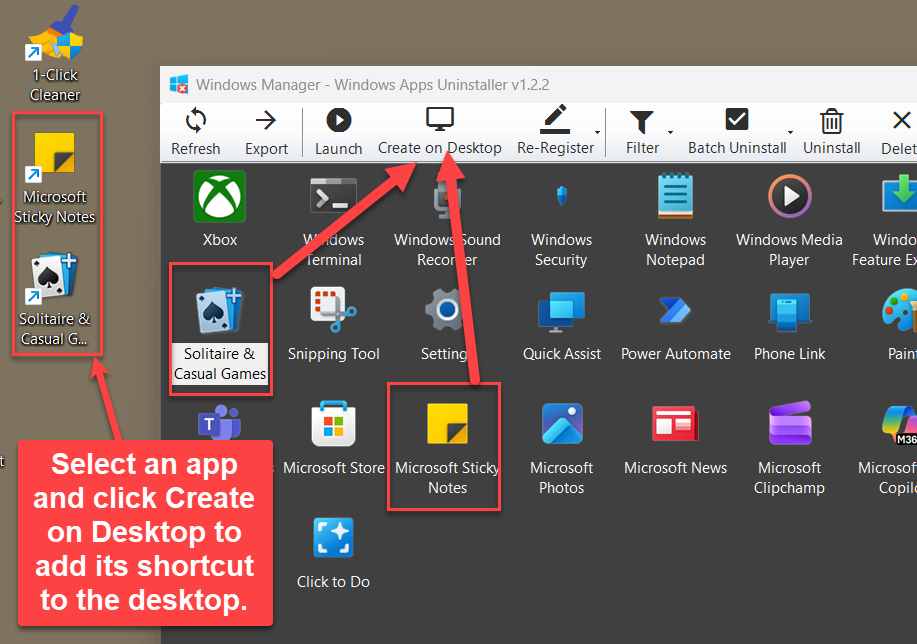 Create on Desktop adds a shortcut for the selected Windows app, such as Sticky Notes or Solitaire, using the app icon