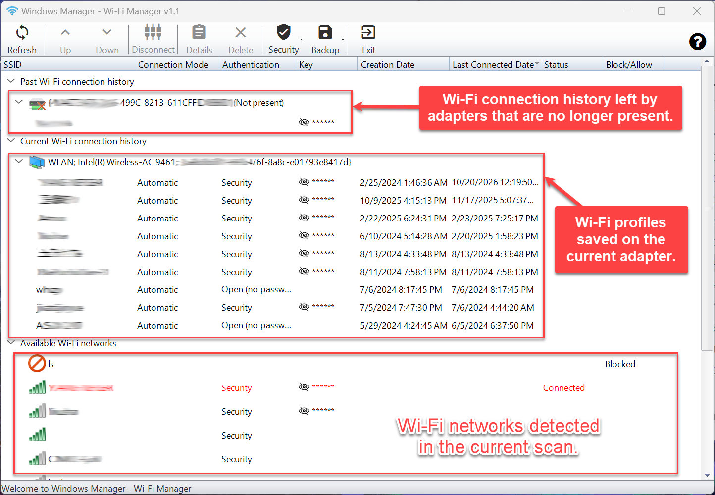 Wi-Fi Manager groups wireless networks into past connection history, profiles saved on the current adapter, and networks found in the current scan