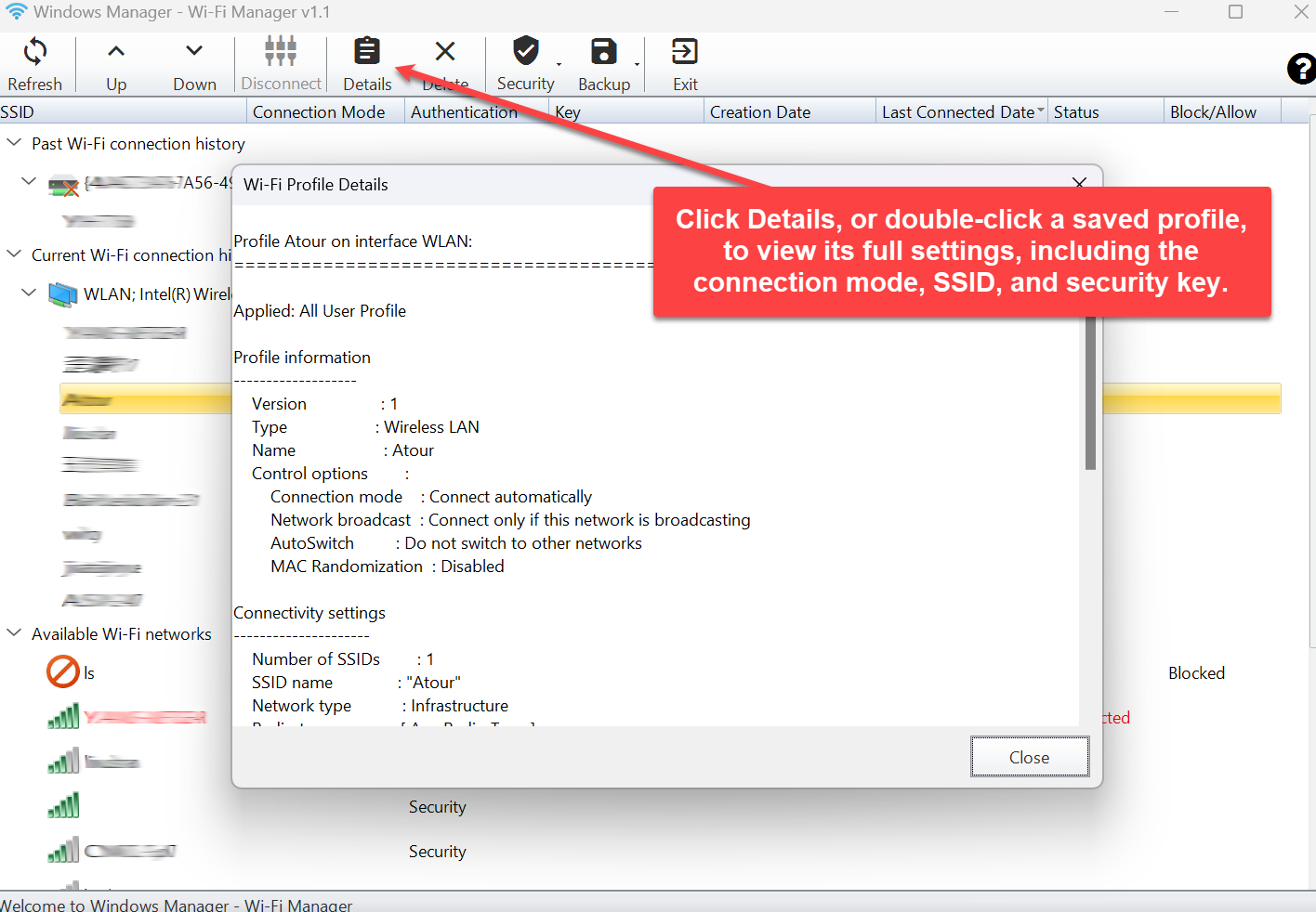 Click Details, or double-click a saved Wi-Fi profile, to view the connection mode, SSID, and security key