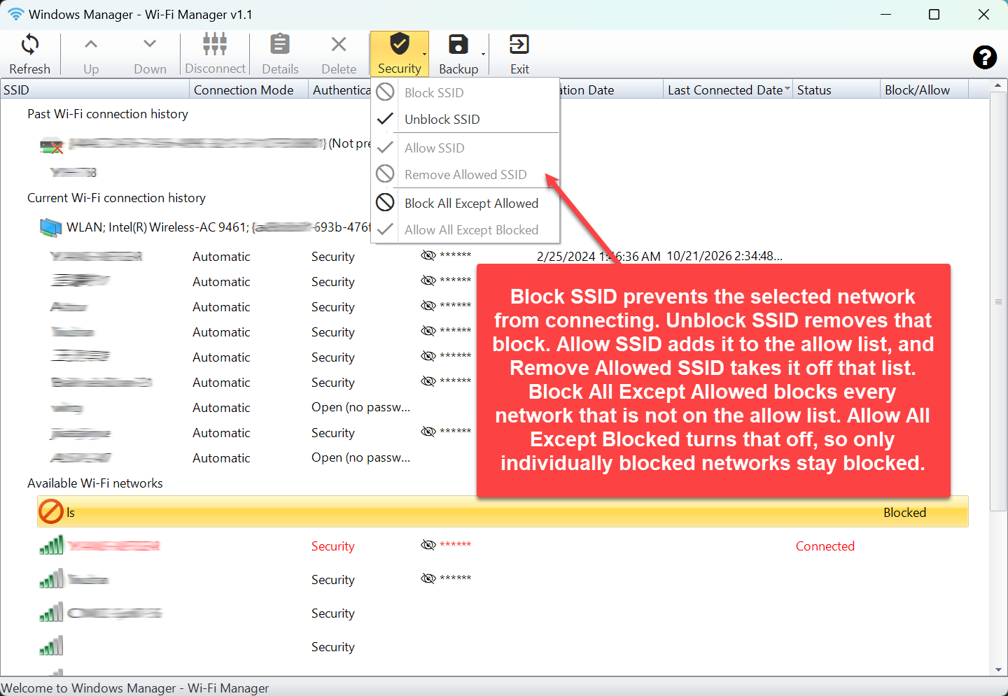 Security menu: block or unblock an SSID, add or remove it from the allow list, and block every network that is not allowed