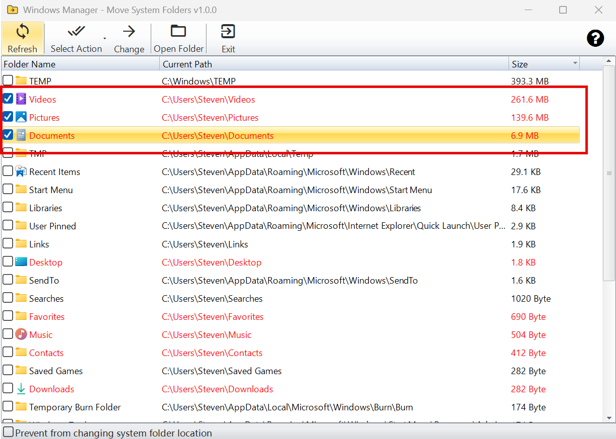 Move System Folders main window: click the Size column to sort by disk usage and find the largest folders