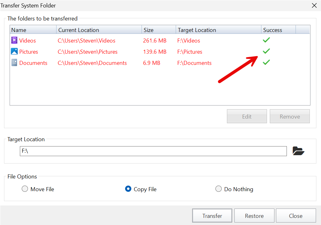 Transfer completed: Success column shows green checkmarks; folders moved to the target drive