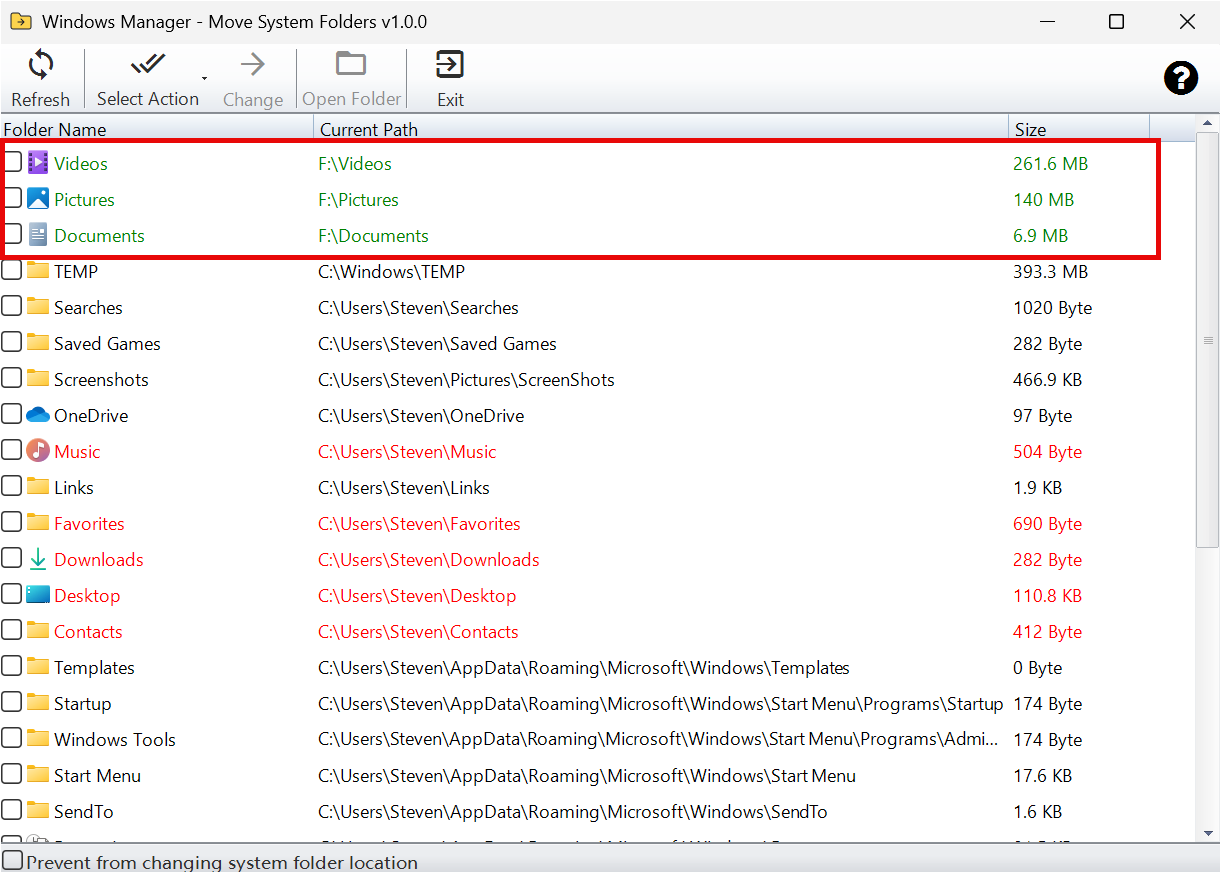 Main window after refresh: moved folders show green paths; recommended items still on C: remain red