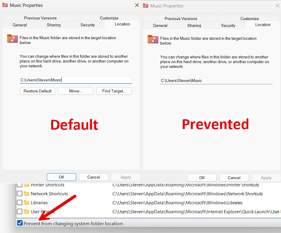 With Prevent from changing system folder location enabled, the Location tab in Properties cannot move or change folders