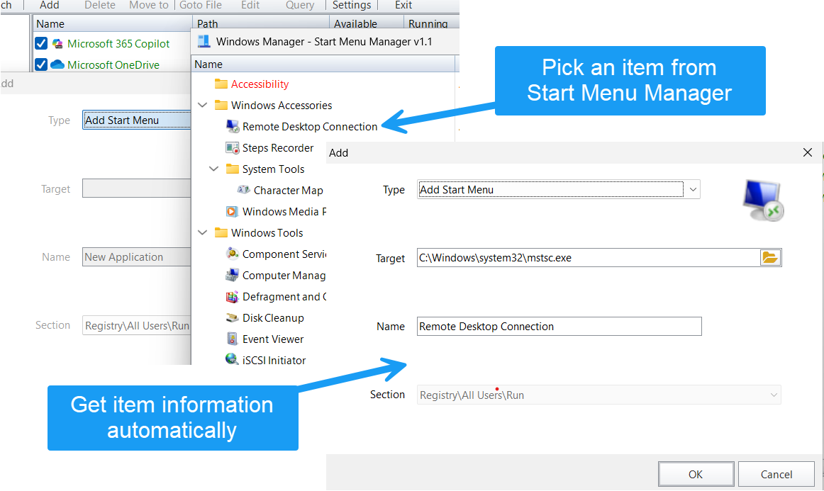 Pick a Start Menu shortcut; target and name are filled in