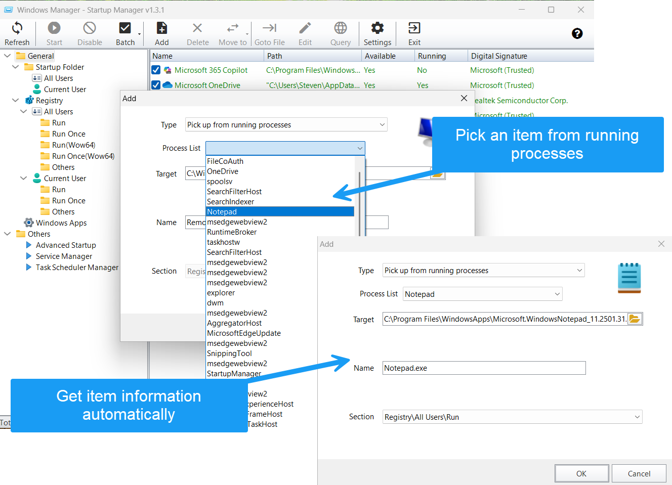 Select a running process; executable path is filled in