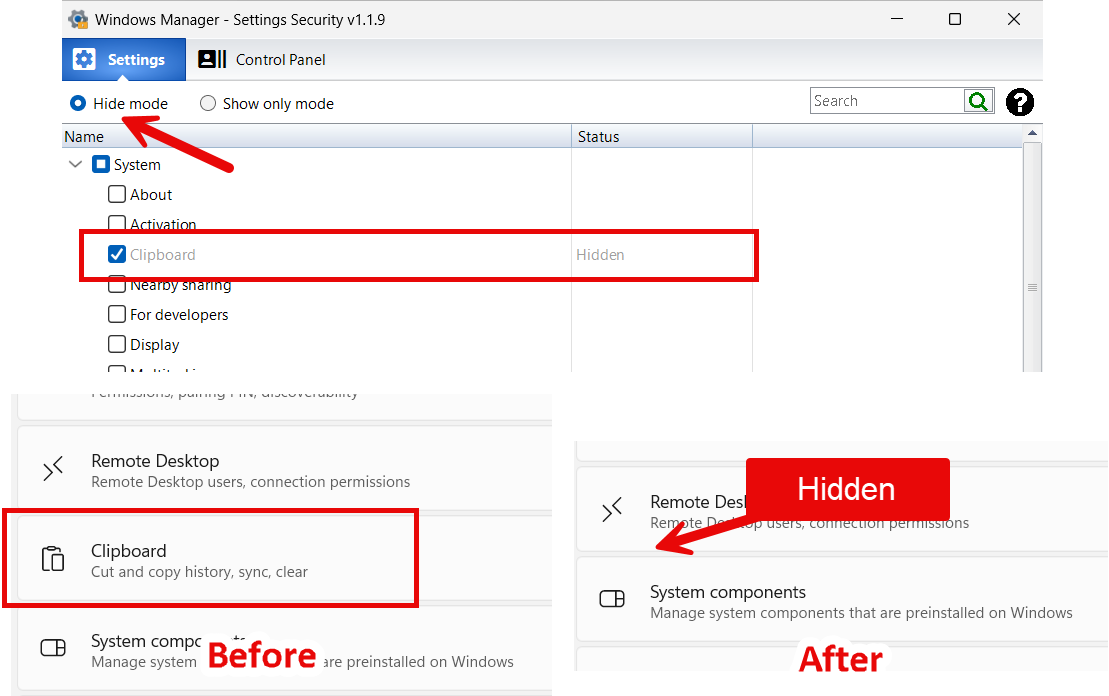 Settings Security main window: Settings tab with categorized Windows Settings pages, hide mode and show-only mode