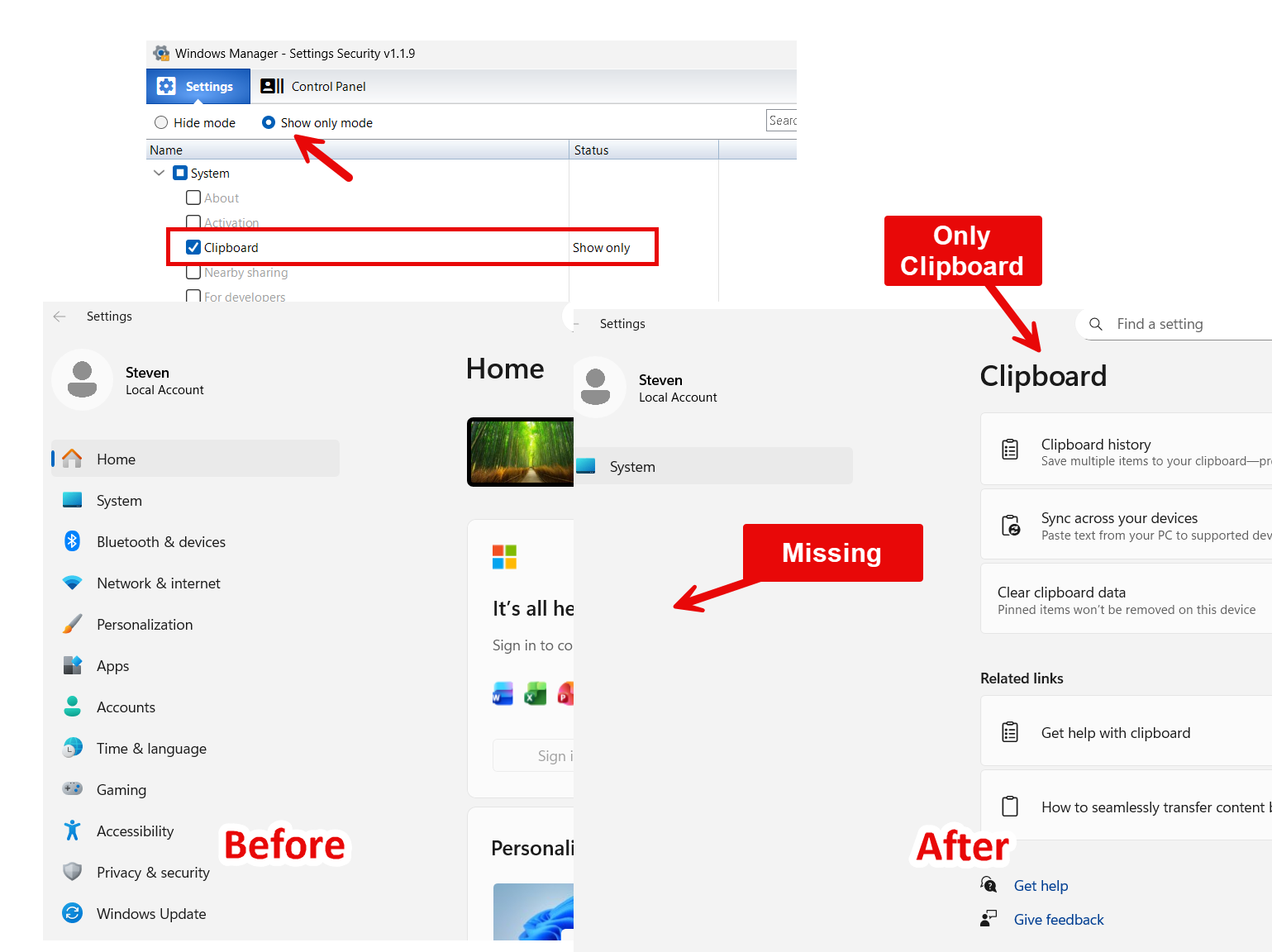 Hide mode: check settings pages and click Hide; Status shows Hidden and pages are unavailable in Windows Settings